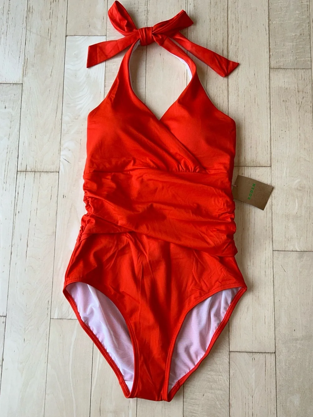Boden Levanzo Ruched Halter Tie One Piece Swimsuit Fiesta Coral Size 6 Long NWT